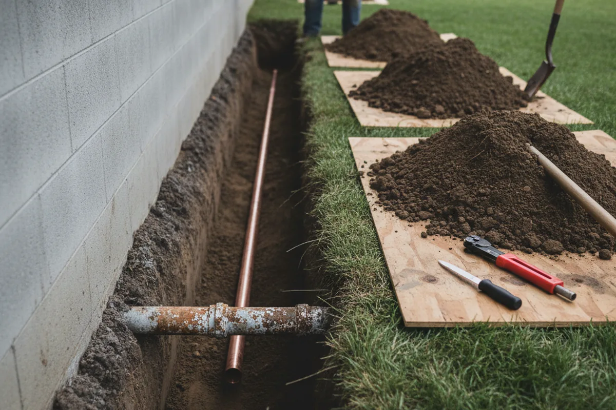 Excavated water line trench during Water Heater Repair in Dos Palos